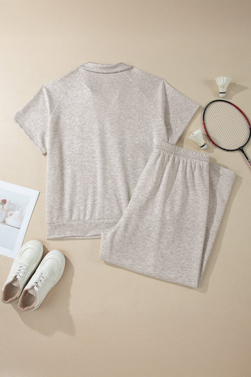 Solid V Neck Polo And Drawstring Pants Loungewear Set