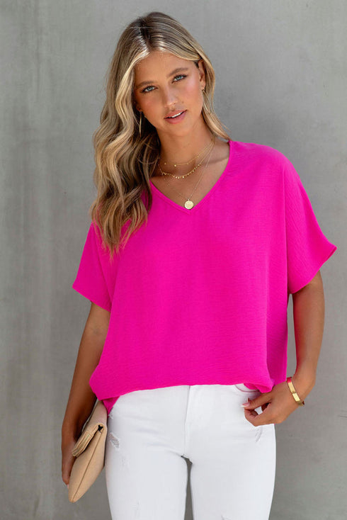 Solid V Neck Short Sleeve Blouse