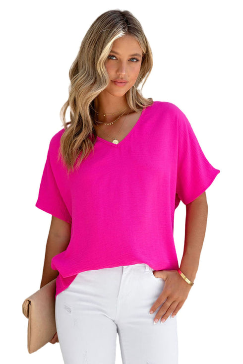 Solid V Neck Short Sleeve Blouse