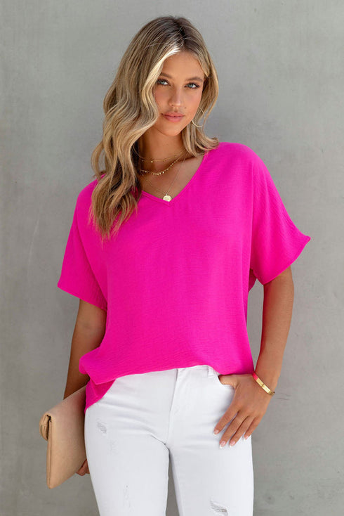 Solid V Neck Short Sleeve Blouse