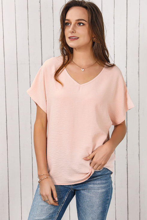 Solid V Neck Short Sleeve Blouse