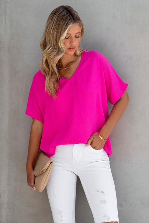 Solid V Neck Short Sleeve Blouse