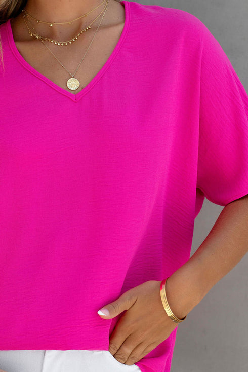 Solid V Neck Short Sleeve Blouse