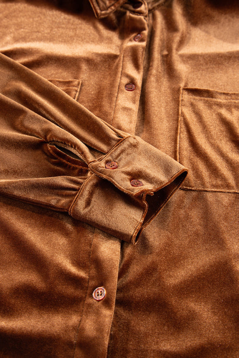Solid Velvet Chest Pocket Drop Shoulder Shirt