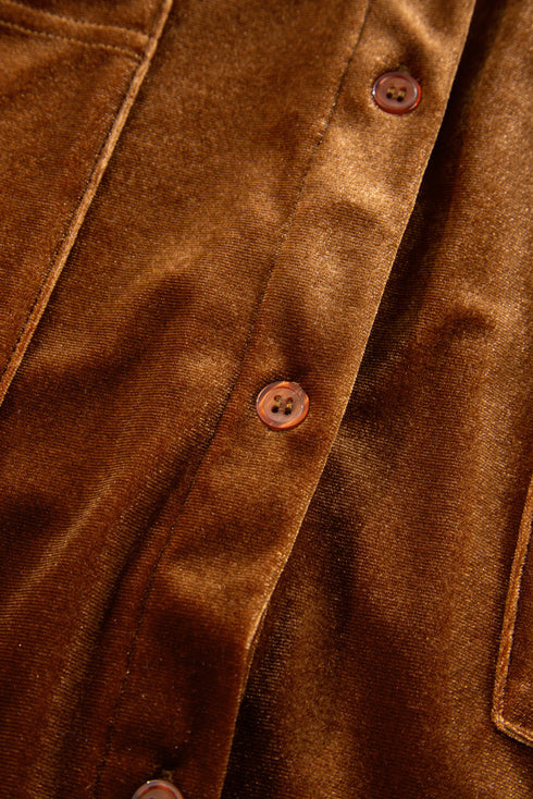 Solid Velvet Chest Pocket Drop Shoulder Shirt