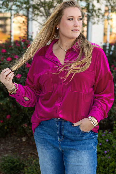 Solid Velvet Chest Pocket Drop Shoulder Shirt