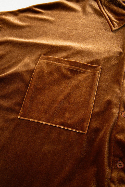 Solid Velvet Chest Pocket Drop Shoulder Shirt