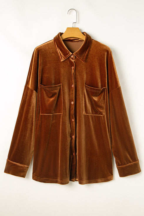 Solid Velvet Chest Pocket Drop Shoulder Shirt