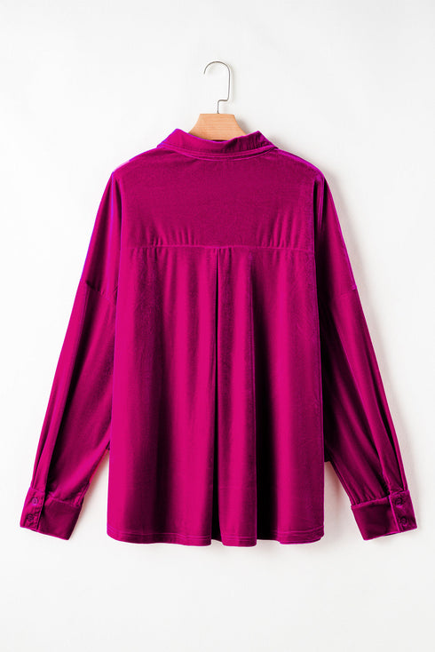 Solid Velvet Chest Pocket Drop Shoulder Shirt