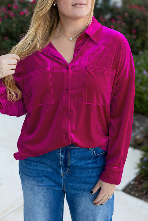 Solid Velvet Chest Pocket Drop Shoulder Shirt