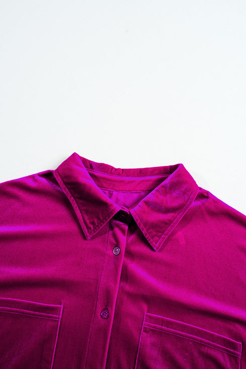 Solid Velvet Chest Pocket Drop Shoulder Shirt