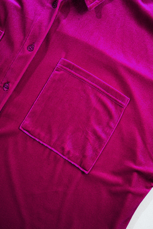 Solid Velvet Chest Pocket Drop Shoulder Shirt