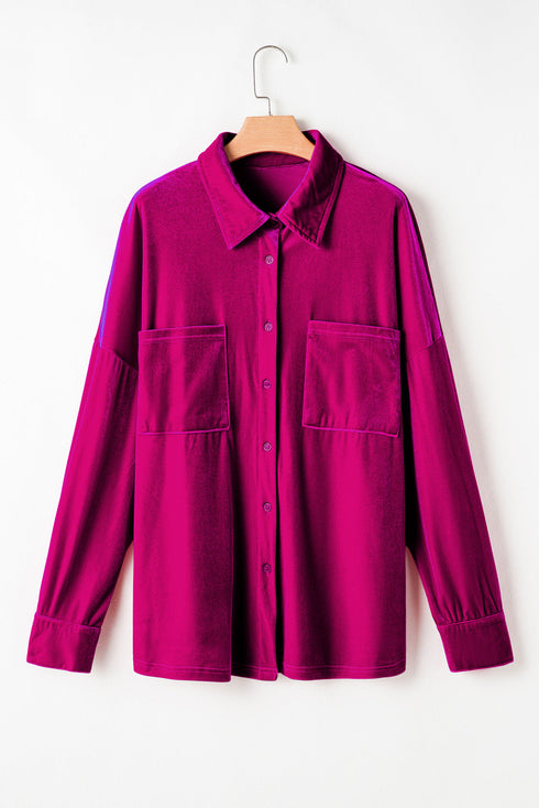 Solid Velvet Chest Pocket Drop Shoulder Shirt