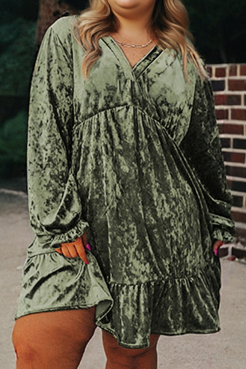 Solid Velvet Puff Sleeve Babydoll Plus Size Mini Dress