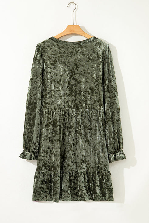 Solid Velvet Puff Sleeve Babydoll Plus Size Mini Dress