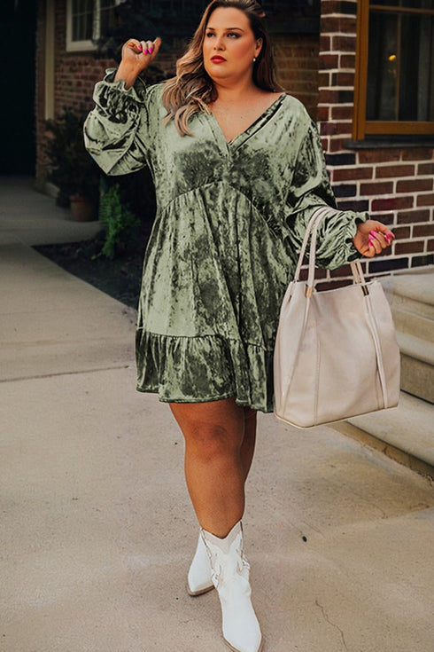 Solid Velvet Puff Sleeve Babydoll Plus Size Mini Dress