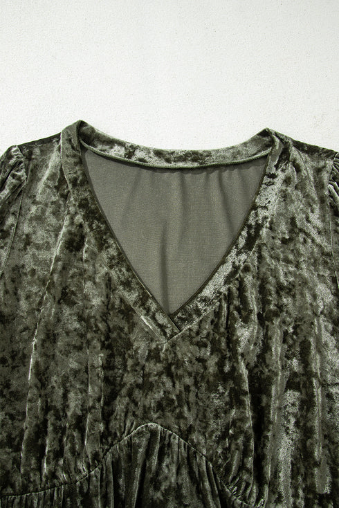 Solid Velvet Puff Sleeve Babydoll Plus Size Mini Dress