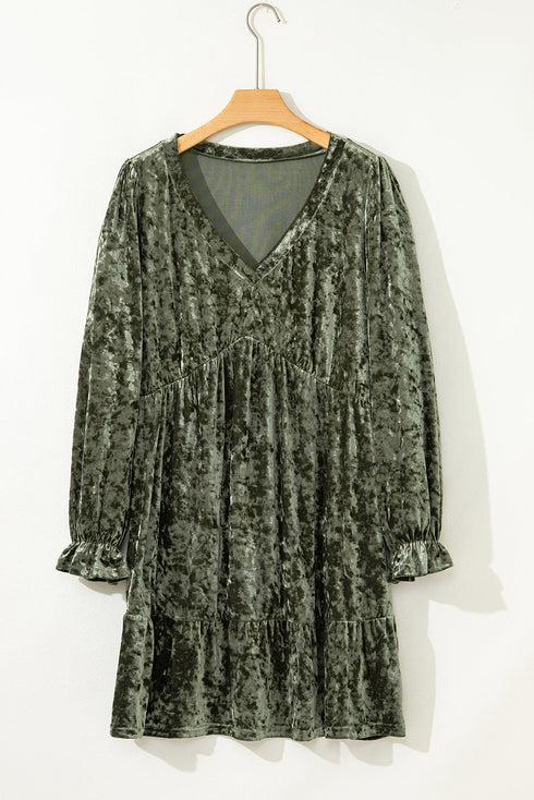 Solid Velvet Puff Sleeve Babydoll Plus Size Mini Dress
