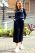 Solid Velvet Ruffled Wide Leg Two Piece Pant Set