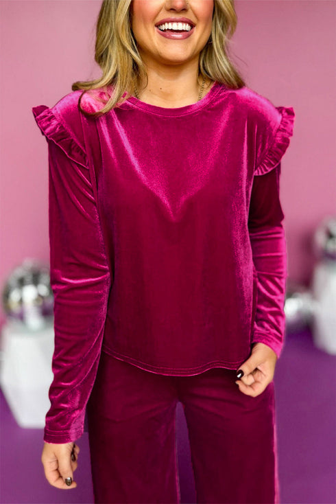 Solid Velvet Ruffled Wide Leg Two Piece Pant Set