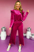 Solid Velvet Ruffled Wide Leg Two Piece Pant Set