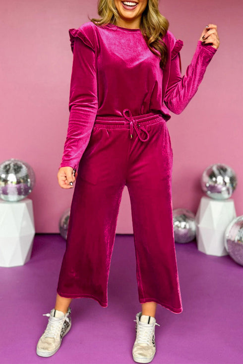 Solid Velvet Ruffled Wide Leg Two Piece Pant Set