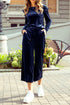 Solid Velvet Ruffled Wide Leg Two Piece Pant Set