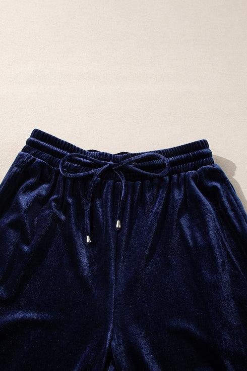 Solid Velvet Ruffled Wide Leg Two Piece Pant Set