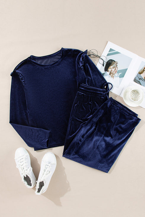Solid Velvet Ruffled Wide Leg Two Piece Pant Set