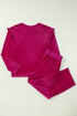 Solid Velvet Ruffled Wide Leg Two Piece Pant Set