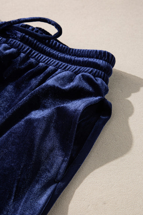 Solid Velvet Ruffled Wide Leg Two Piece Pant Set