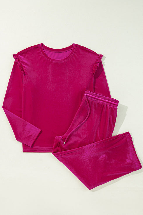 Solid Velvet Ruffled Wide Leg Two Piece Pant Set