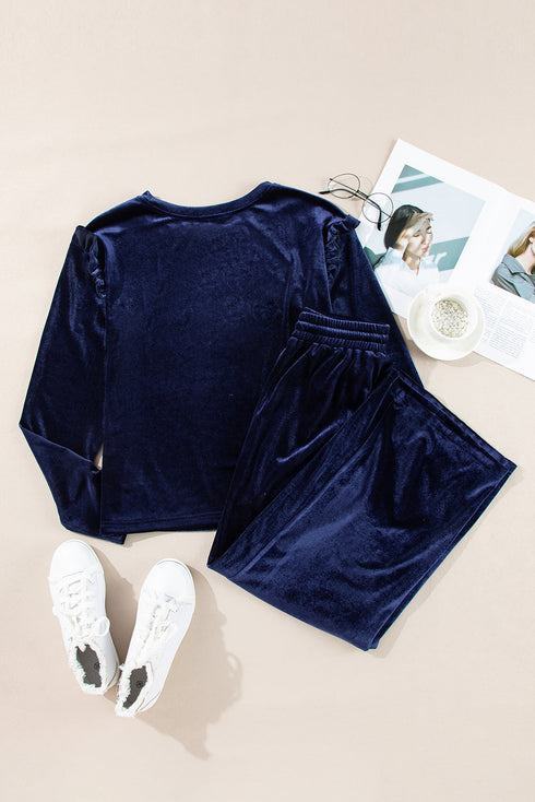Solid Velvet Ruffled Wide Leg Two Piece Pant Set