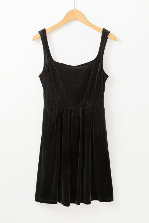Solid Velvet Square Neck Sleeveless Pocket H-Line Mini Dress