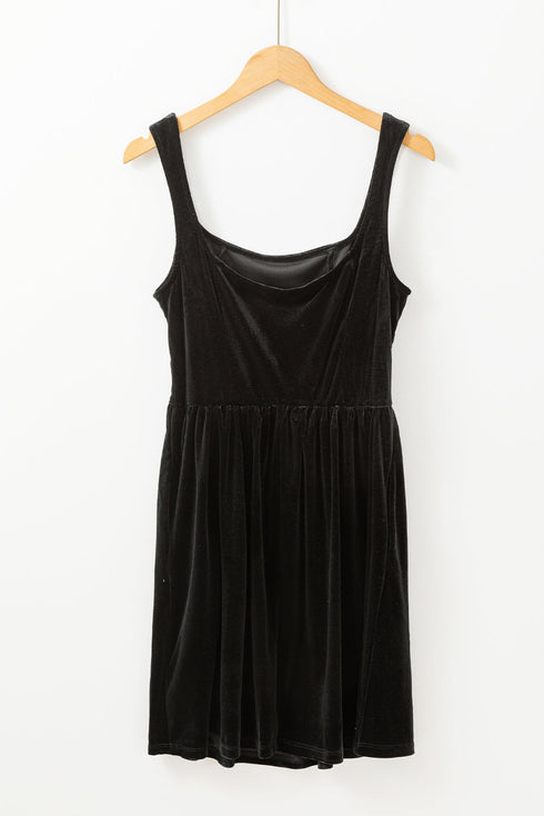 Solid Velvet Square Neck Sleeveless Pocket H-Line Mini Dress