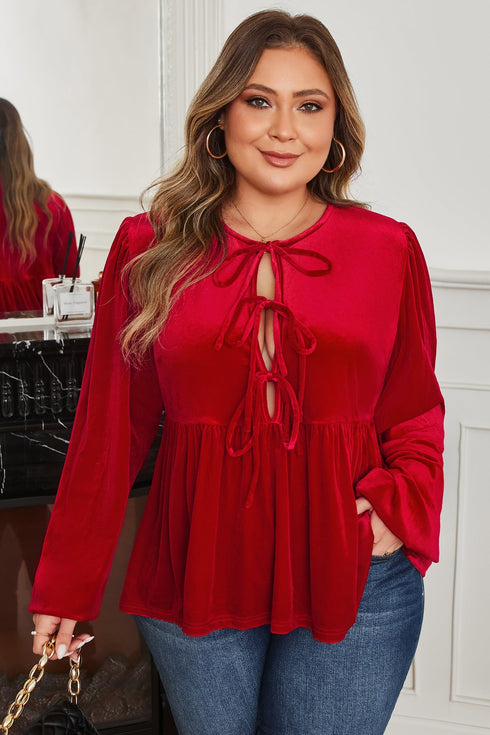 Solid Velvet Tie Front Peplum Silhouette Blouse