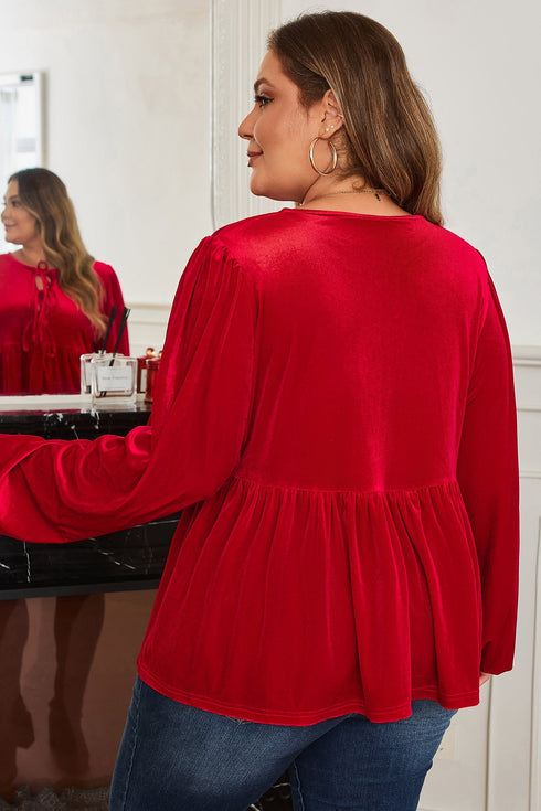 Solid Velvet Tie Front Peplum Silhouette Blouse