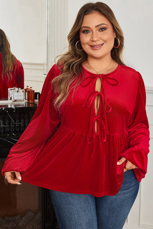 Solid Velvet Tie Front Peplum Silhouette Blouse