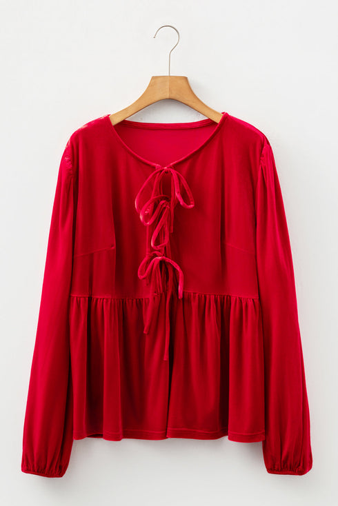 Solid Velvet Tie Front Peplum Silhouette Blouse