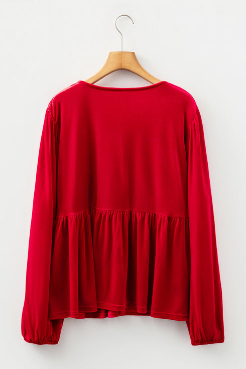 Solid Velvet Tie Front Peplum Silhouette Blouse