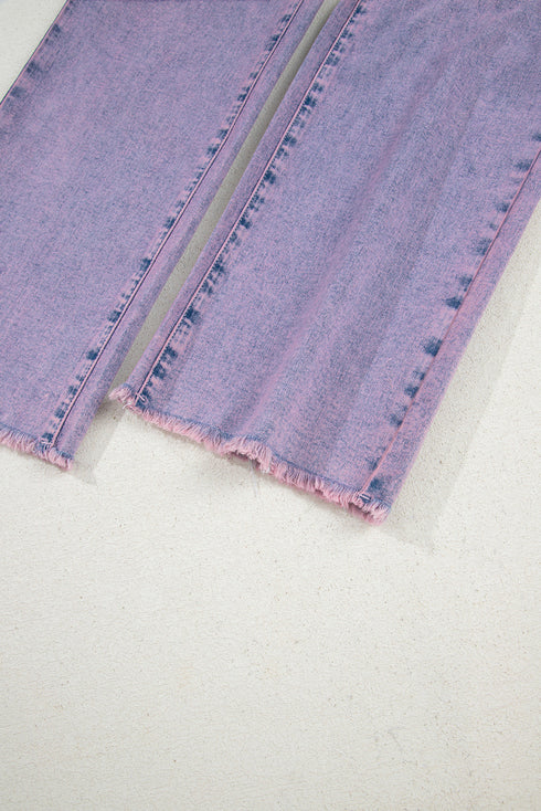 Solid Vintage Wash Frayed Hem Ankle Length Jeans