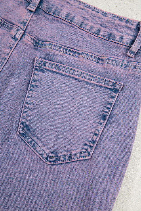 Solid Vintage Wash Frayed Hem Ankle Length Jeans