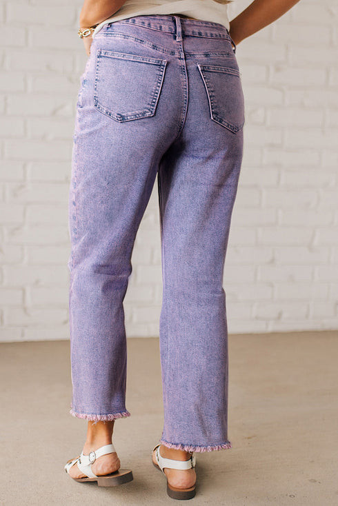 Solid Vintage Wash Frayed Hem Ankle Length Jeans