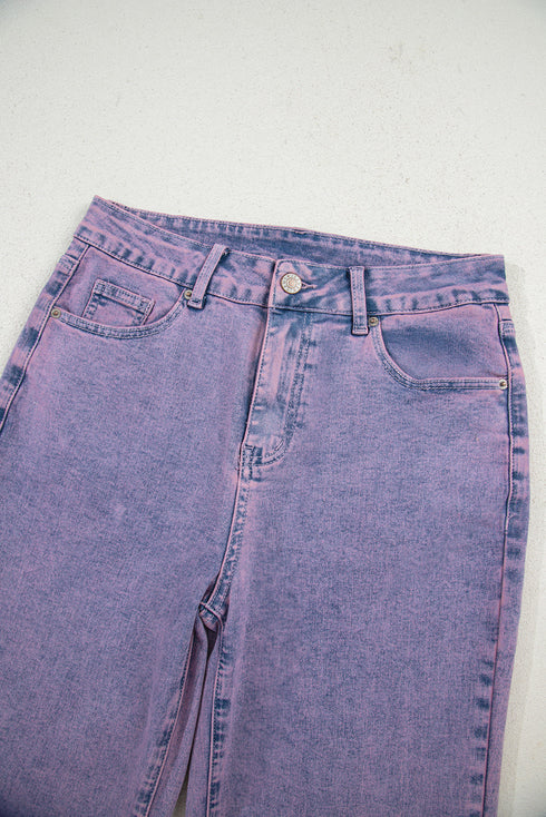 Solid Vintage Wash Frayed Hem Ankle Length Jeans