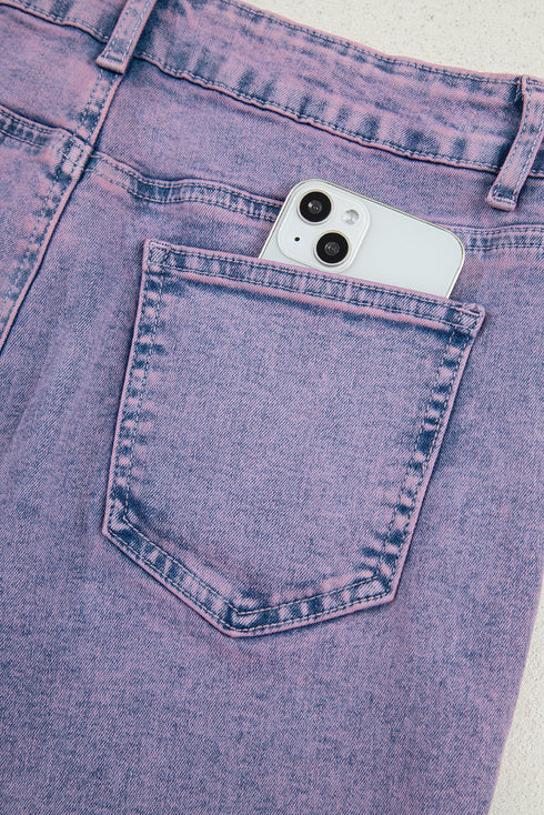 Solid Vintage Wash Frayed Hem Ankle Length Jeans