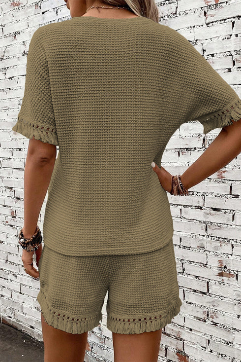 Solid Waffle Knit Fringe Trim Textured Short Set