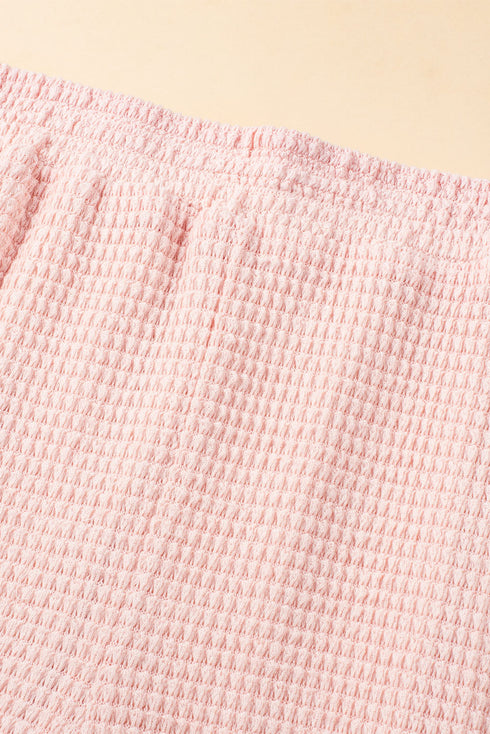 Solid Waffle Knit Fringe Trim Textured Short Set