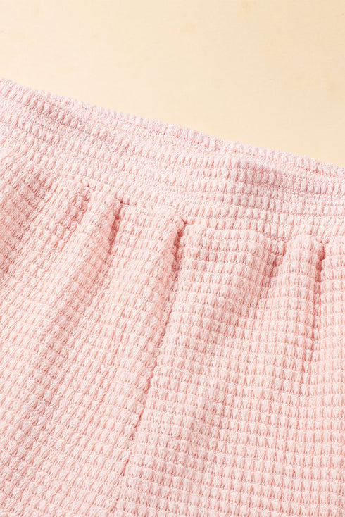 Solid Waffle Knit Fringe Trim Textured Short Set