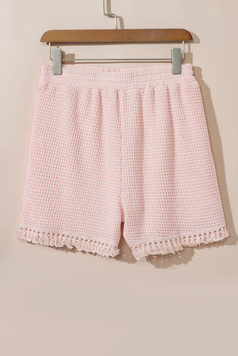 Solid Waffle Knit Fringe Trim Textured Short Set