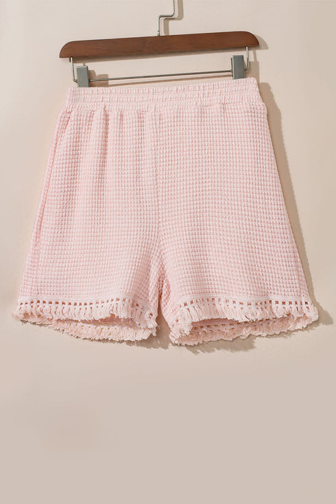 Solid Waffle Knit Fringe Trim Textured Short Set